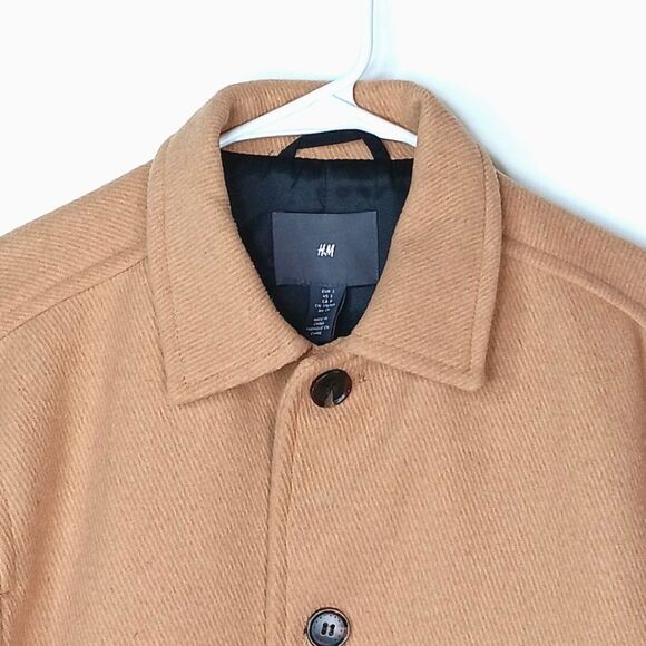 H&M Short Wool Blend Pea Coat Jacket Tan Beige Men's Size Small New With Tags - Picture 3 of 8
